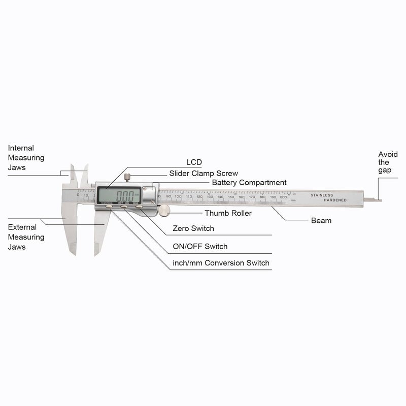 SCITOOLS All-Metal Digital Caliper 0-8" Measuring Tool, Micrometer Caliper with Auto-Off Feature, Interchangeable Between inches and millimeters for DIY/Household and 3D Printing - Image 5